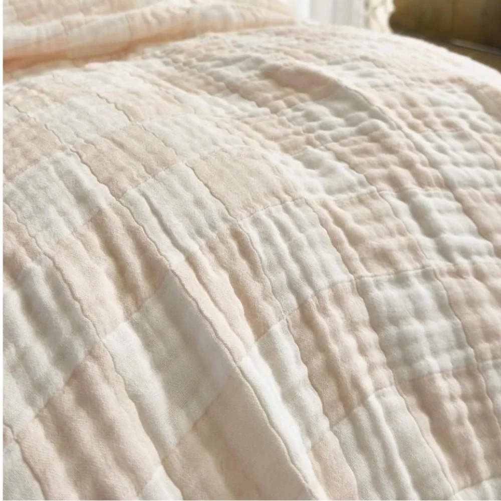 Gingham Beige + White Quilt Throw Size New Prewashed Hand Crafted Medium Check